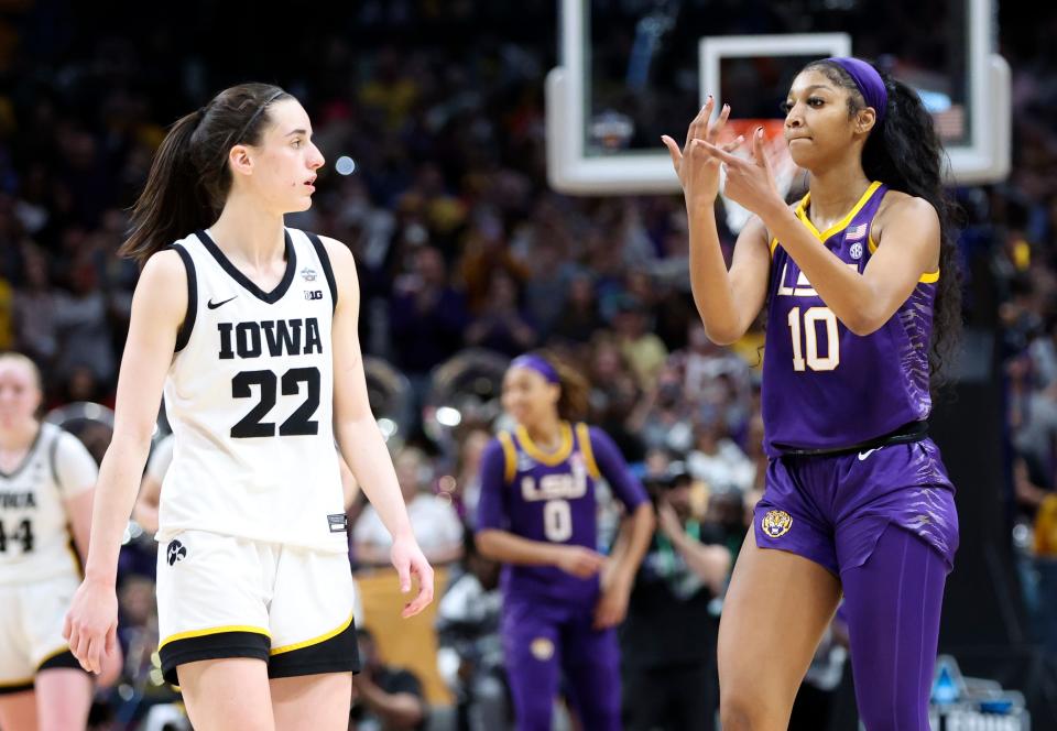 Angel Reese taunts Caitlin Clark late in the women's national championship game.