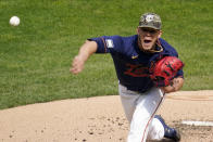 Minnesota Twins pitcher Jose Berrios throws against the Oakland Athletics in the first inning of a baseball game, Saturday, May 15, 2021, in Minneapolis. (AP Photo/Jim Mone)