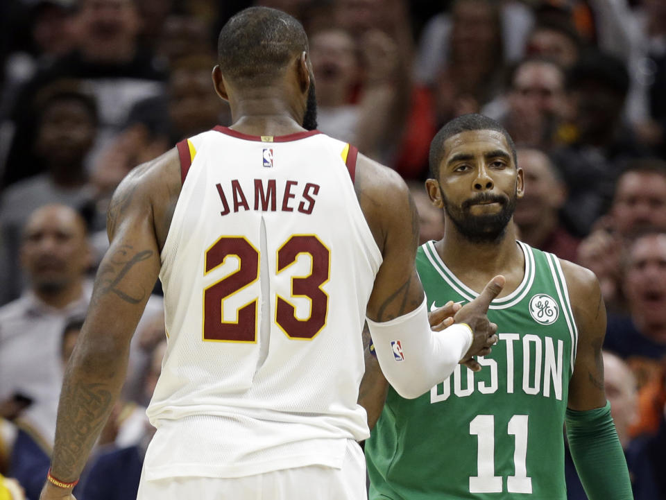 Kyrie Irving looks super excited to shake LeBron James’ hand immediately after the Celtics lost to the Cavs on Tuesday. (AP)