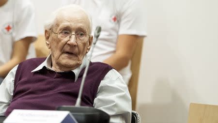 Defendant and former Nazi SS officer Oskar Groening, dubbed the "bookkeeper of Auschwitz", sits in the courtroom ahead of his trial in the 'Ritterakademie' venue in Lueneburg, Germany, July 1, 2015. REUTERS/Philipp Schulze/Pool