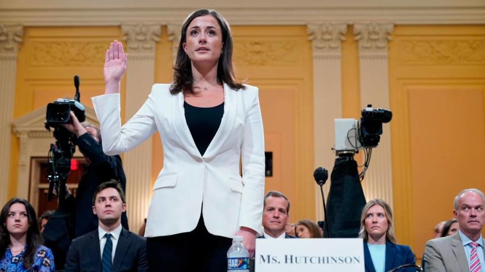 Cassidy Hutchinson, former aide to Trump White House chief of staff Mark Meadows, is sworn in to testify as the House select committee investigating the Jan. 6 attack on the U.S. Capitol continues to reveal its findings of a year-long investigation, at the Capitol in Washington, Tuesday, June 28, 2022.