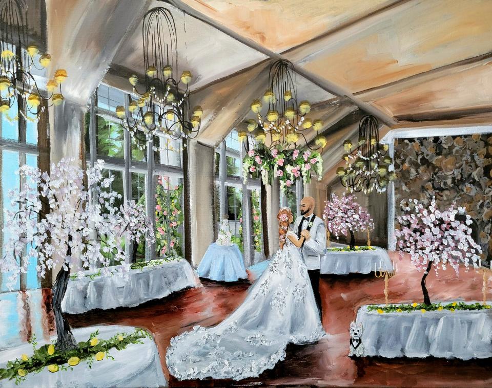 Krystyna and John Amalfe hired live painter, Brittany Branson of Queenstown, MD to paint a portrait of the couple's first dance. Branson completed the painting during the Amalfe's wedding reception.