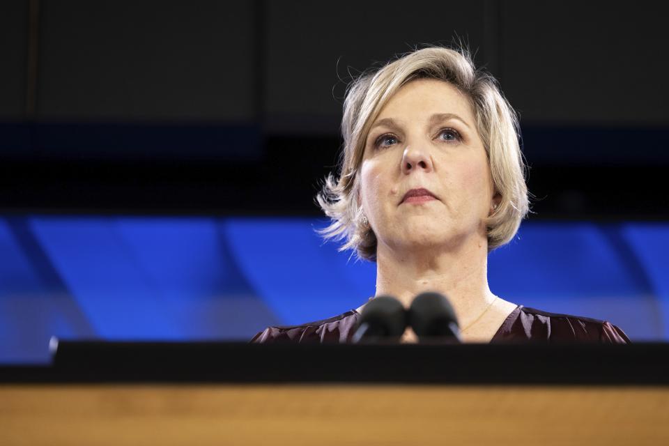 Robyn Denholm, Chair of the Technology Council of Australia and Chair of the Board of Directors of Tesla Inc, during a speech at the National Press Club of Australia in Canberra, Wednesday, September 14, 2022. (Photo by Alex Ellinghausen/Sydney Morning Herald via Getty Images)