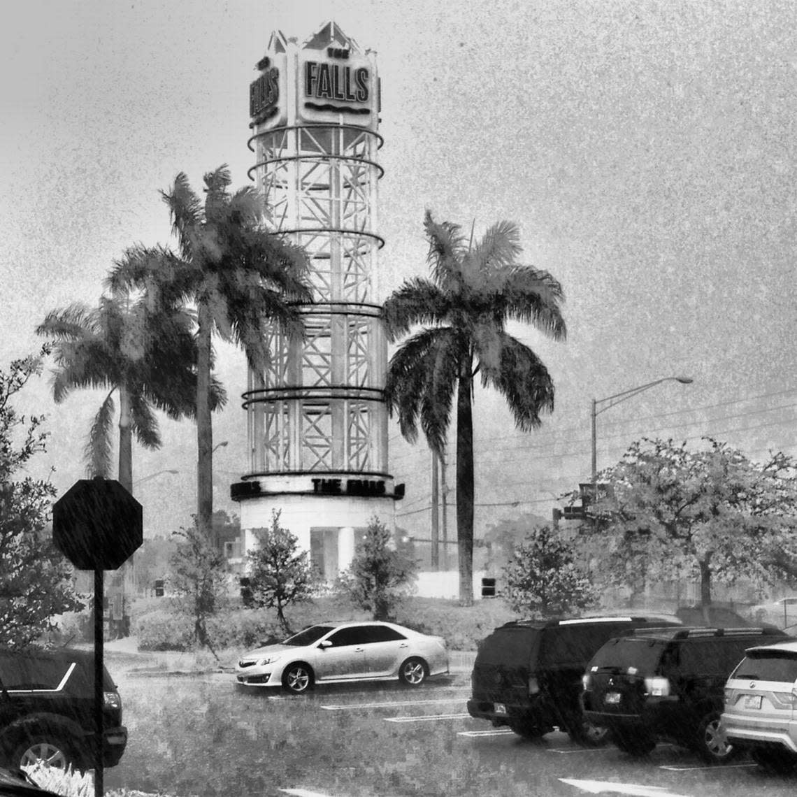 File photo from a rainy Oct. 2, 2013, at The Falls shopping center in the Kendall area, shows The Falls’ distinct tower sign on the southwestern corner of South Dixie Highway and Southwest 136th Street (Howard Drive).