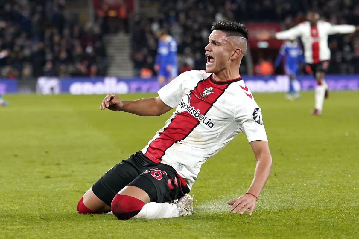 Southampton’s Carlos Alcaraz suffered a knee injury while celebrating his winning goal against Leicester last weekend (Andrew Matthews/PA) (PA Wire)