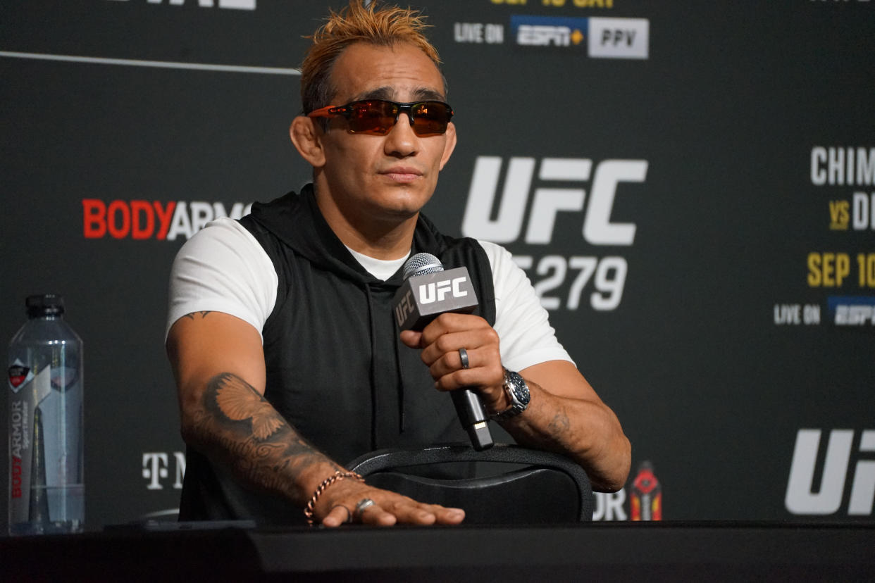 LAS VEGAS, NV - SEPTEMBER 7: Tony Ferguson speaks to the media during the UFC 279 media day on September 7, 2022, at the UFC APEX in Las Vegas, NV. (Photo by Amy Kaplan/Icon Sportswire via Getty Images)