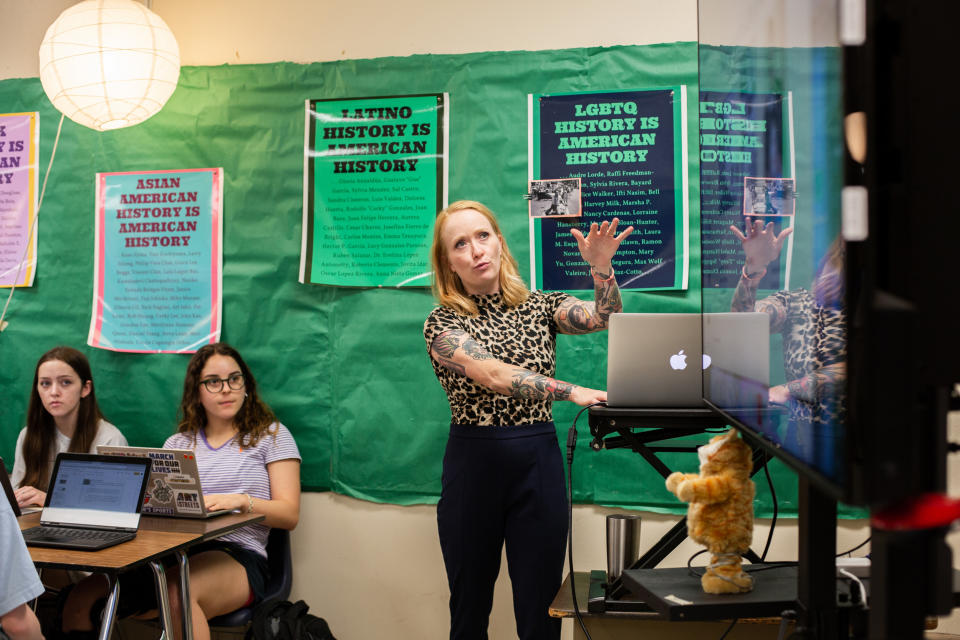 An ethnic studies teacher gives a presentation during a class in Austin, Texas (Liz Moskowitz for NBC News)