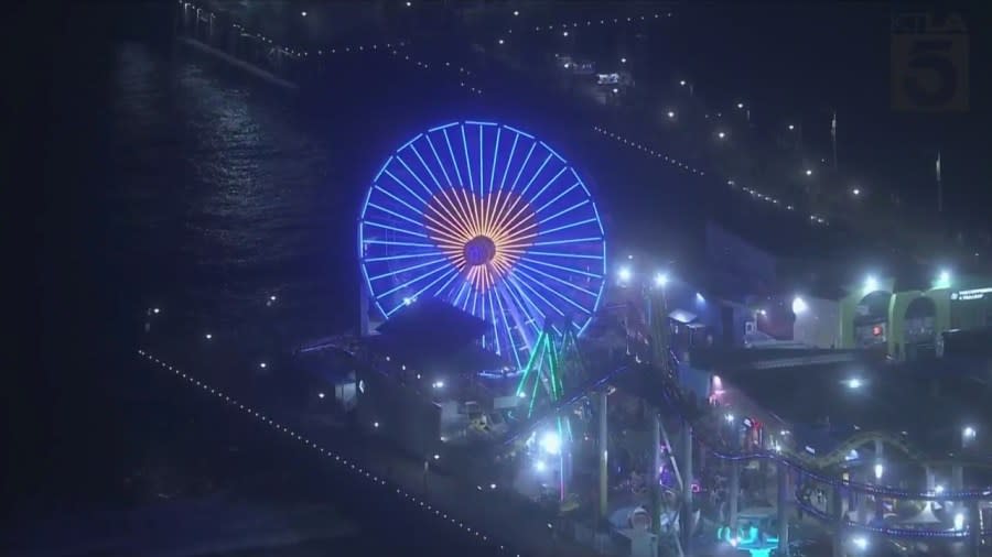 The Ferris wheel on the Santa Monica Pier honored KTLA broadcaster Sam Rubin on May 10, 2024. (KTLA)