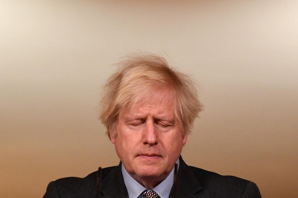 LONDON, ENGLAND - JANUARY 26: Prime Minister Boris Johnson speaks during a virtual press conference on the Covid-19 pandemic, at Downing Street on January 26, 2021 in London, England. More than 100,000 people who tested positive for coronavirus have died in Britian since the pandemic took hold last year, official data showed on January 26. (Photo by Justin Tallis - WPA Pool/Getty Images)