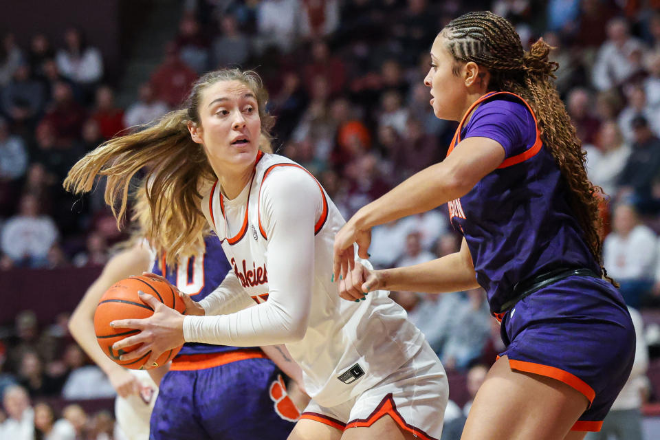 BLACKSBURG, VIRGINIA – JANUARY 21: Elizabeth Kitley #33 of the Virginia Tech Hokies in action against the Clemson Tigers in the first half during a game at Cassell Coliseum on January 21, 2024 in Blacksburg, Virginia. (Photo by Ryan Hunt/Getty Images)