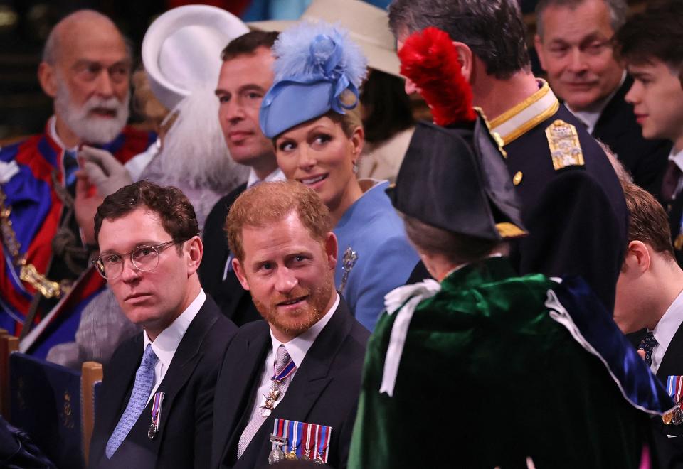 TOPSHOT - Britain's Prince Harry, Duke of Sussex talks to Britain's Princess Anne, Princess Royal at Westminster Abbey in central London on May 6, 2023, ahead of the coronations of Britain's King Charles III and Britain's Camilla, Queen Consort. - The set-piece coronation is the first in Britain in 70 years, and only the second in history to be televised. Charles will be the 40th reigning monarch to be crowned at the central London church since King William I in 1066. Outside the UK, he is also king of 14 other Commonwealth countries, including Australia, Canada and New Zealand. Camilla, his second wife, will be crowned queen alongside him, and be known as Queen Camilla after the ceremony. (Photo by Richard POHLE / POOL / AFP) (Photo by RICHARD POHLE/POOL/AFP via Getty Images)