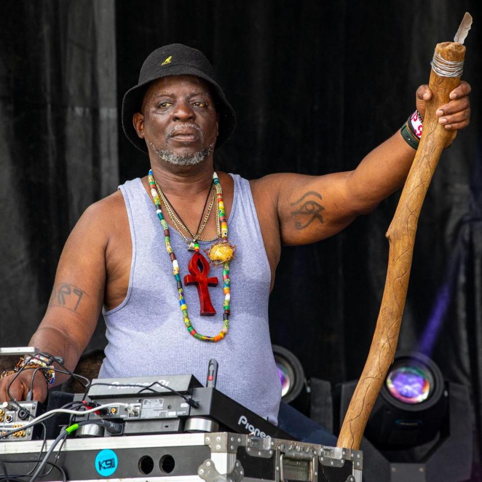 A DJ performs during AFROPUNK music festival at The Urban in the Historic Overtown neighborhood of Miami, Florida, on Saturday, May 21, 2022.