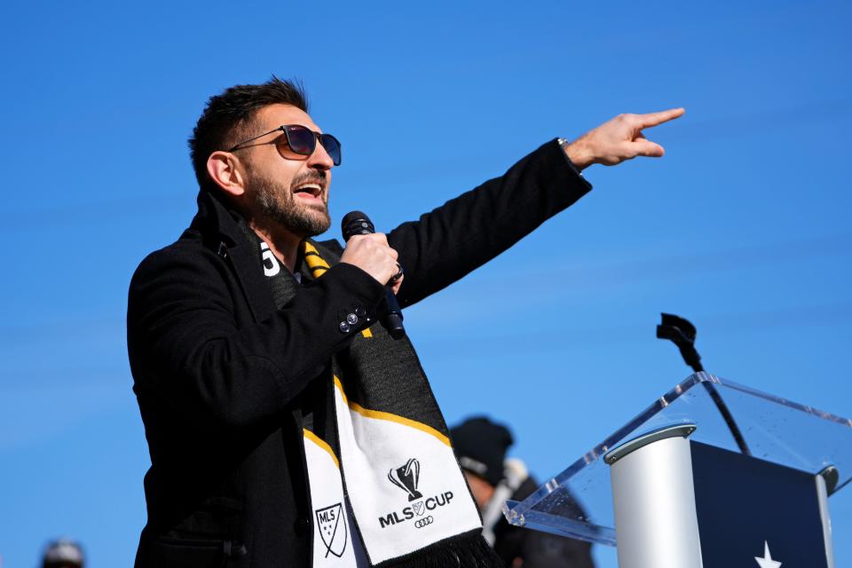 Dec 12, 2023; Columbus, OH, USA; Columbus Crew president Tim Bezbatchenko speaks to fans as they celebrate their 2023 MLS Cup victory at Chase Plaza outside Lower.com Field.