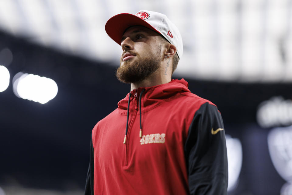 Ricky Pearsall, seen here before an Aug. 23 preseason game, made an appearance at 49ers practice on Thursday.  (Brooke Sutton/Getty Images)