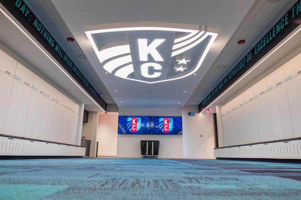 Kansas City Current training facility locker room.