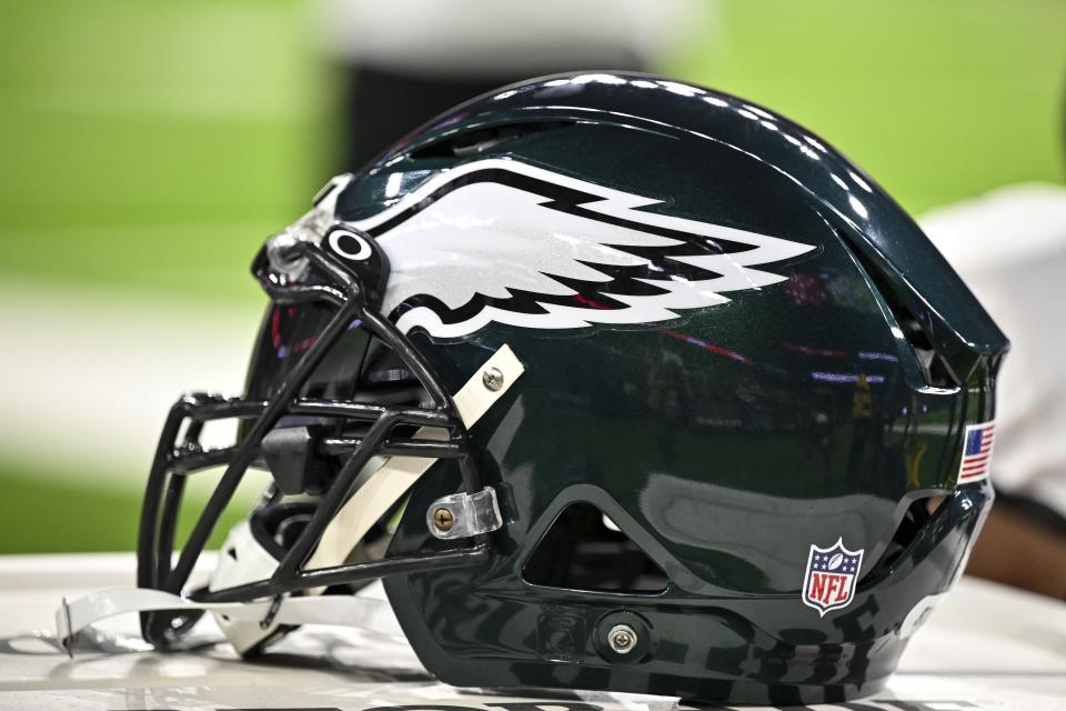 Nov 3, 2022; Houston, Texas, USA; Philadelphia Eagles helmet on the sideline during the first quarter against the Houston Texans at NRG Stadium. Mandatory Credit: Maria Lysaker-USA TODAY Sports