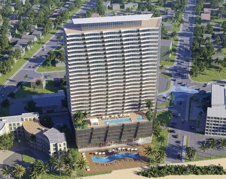 This is a rendering looking west of the proposed 27-story "Silver Beach Condo-Hotel" project at the southeast corner of A1A and Silver Beach Avenue in Daytona Beach, as submitted to the city by developer Eddie Avila of South Florida. Avila said he hopes to get approvals from the city to break ground in late 2023.