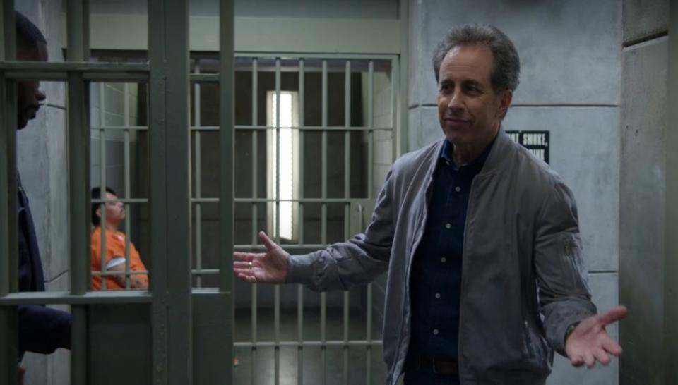 Jerry Seinfeld shows up to rescue Larry David from jail. HBO