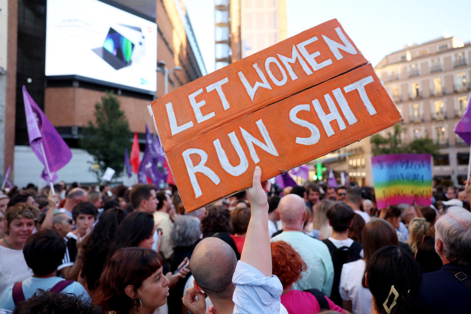 People protest against Spanish football federation president Luis Rubiales in Spain. (Isabel Infantes/Reuters)