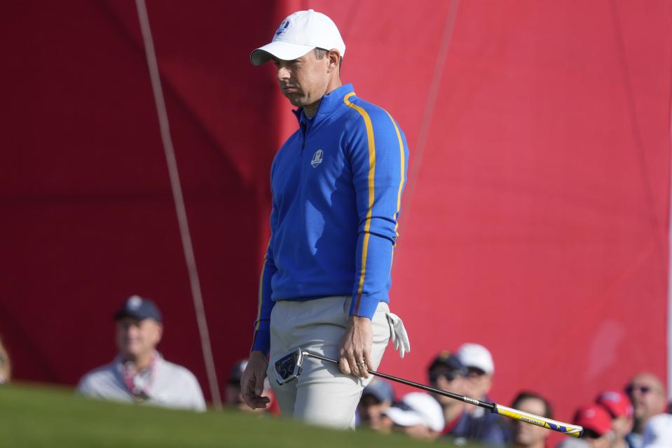 Team Europe's Rory McIlroy reacts to a putt during a foursome match the Ryder Cup at the Whistling Straits Golf Course Friday, Sept. 24, 2021, in Sheboygan, Wis. (AP Photo/Charlie Neibergall)