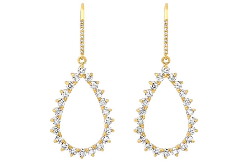 Brilliant-cut white diamonds totaling 1.92 carats are set in 18-karat yellow gold in these 3-Prong Open Teardrop Diamond Earrings; $8,750, at Jennifer Meyer, Pacific Palisades