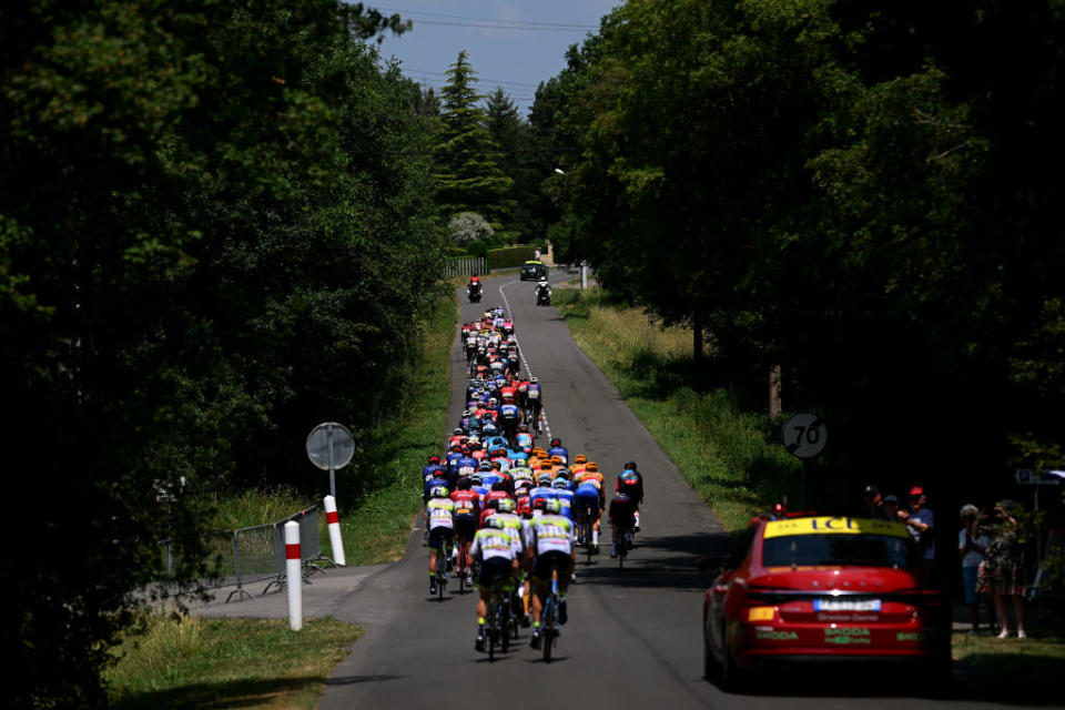 SALINSLESBAINS  JUNE 08 A general view of the peloton competing during the 75th Criterium du Dauphine 2023 Stage 5 a 1911km stage from CormoranchesurSane to SalinslesBains  UCIWT  on June 08 2023 in SalinslesBains France Photo by Dario BelingheriGetty Images