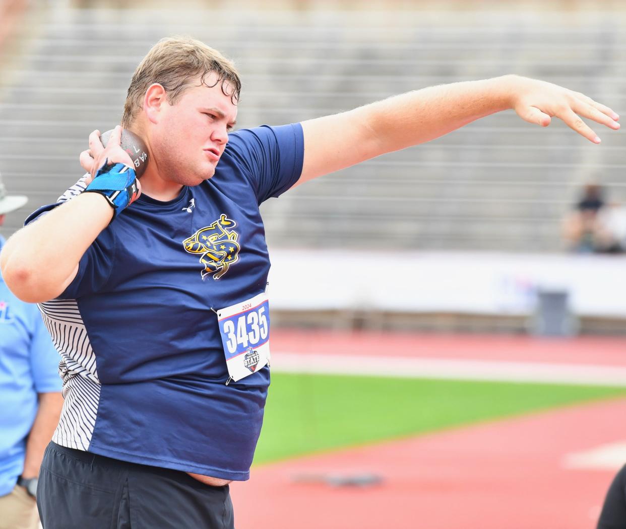 Stephenville's Creece Brister competes in the Class 4A boys shot put Thursday at Mike A. Myers Stadium in Austin.