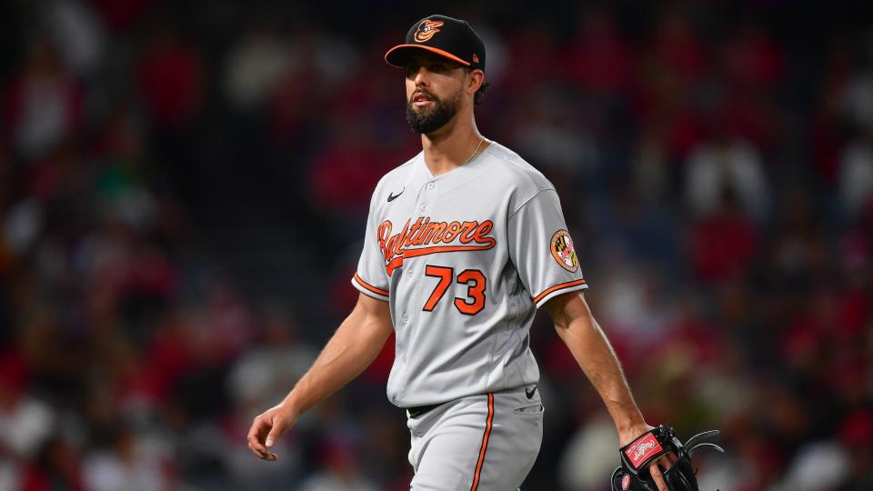 Sep 5, 2023; Anaheim, California, USA; Baltimore Orioles relief pitcher Jorge Lopez (73) is relieved against the Los Angeles Angels during the seventh inning at Angel Stadium.