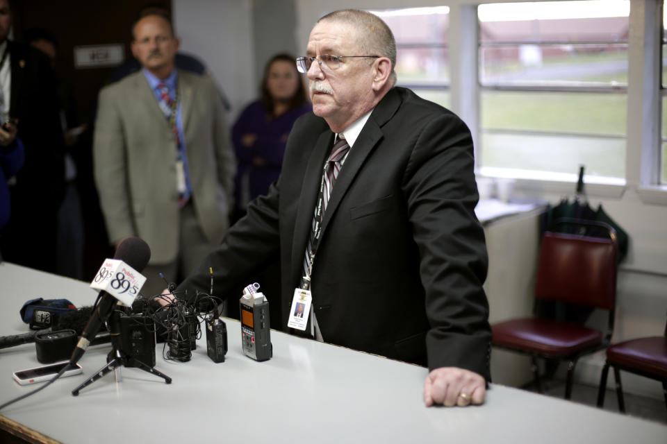 In this Tuesday, April 29, 2014 photo, Robert Patton talks with members of the media about the attempted execution of Clayton Lockett, in Tulsa, Okla. Lockett died 43 minutes after his execution began Tuesday night as Oklahoma used a new drug combination for the first time in the state. Autopsy results are pending but state prison officials say Lockett apparently suffered a massive heart attack. (AP Photo/Tulsa World, John Clanton) KOTV OUT; KJRH OUT; KTUL OUT; KOKI OUT; KQCW OUT; KDOR OUT; TULSA OUT; TULSA ONLINE OUT