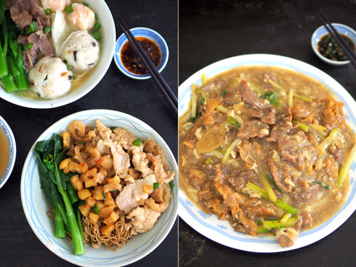 Pig out with their extremely laden pork lard noodles that is served with a generous portion of lard fritters, sliced pork loin and pork belly with pig skin (left). They offer a variety of fried noodles such as this classic spring onion beef ginger 'kway teow' which came with a generous portion of tender beef slices (right).