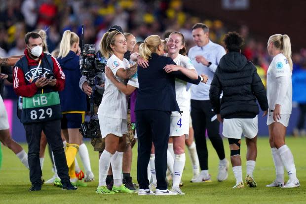 England head coach Sarina Wiegman hugs Keira Walsh at the end of the UEFA Women's Euro 2022 semi-final match at Bramall Lane, Sheffield. Photo credit: PA