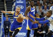 Jan 22, 2017; Orlando, FL, USA; Golden State Warriors guard Stephen Curry (30) and Orlando Magic guard C.J. Watson (32) go after the ball during the second quarter at Amway Center. Mandatory Credit: Kim Klement-USA TODAY Sports