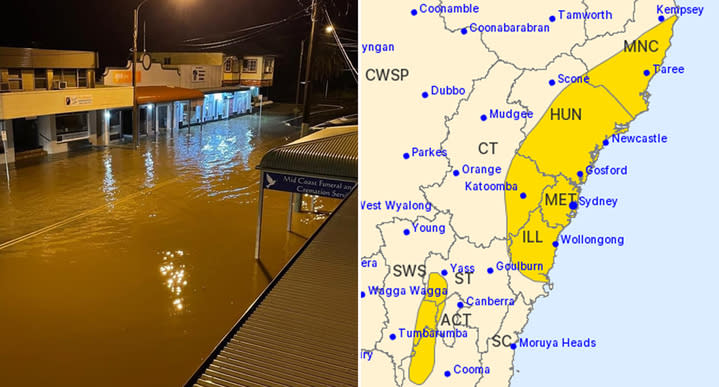 A flooded street in Port Macquarie is pictured left. On the right is a map highlighting the parts of NSW where a severe weather warning has been issued.