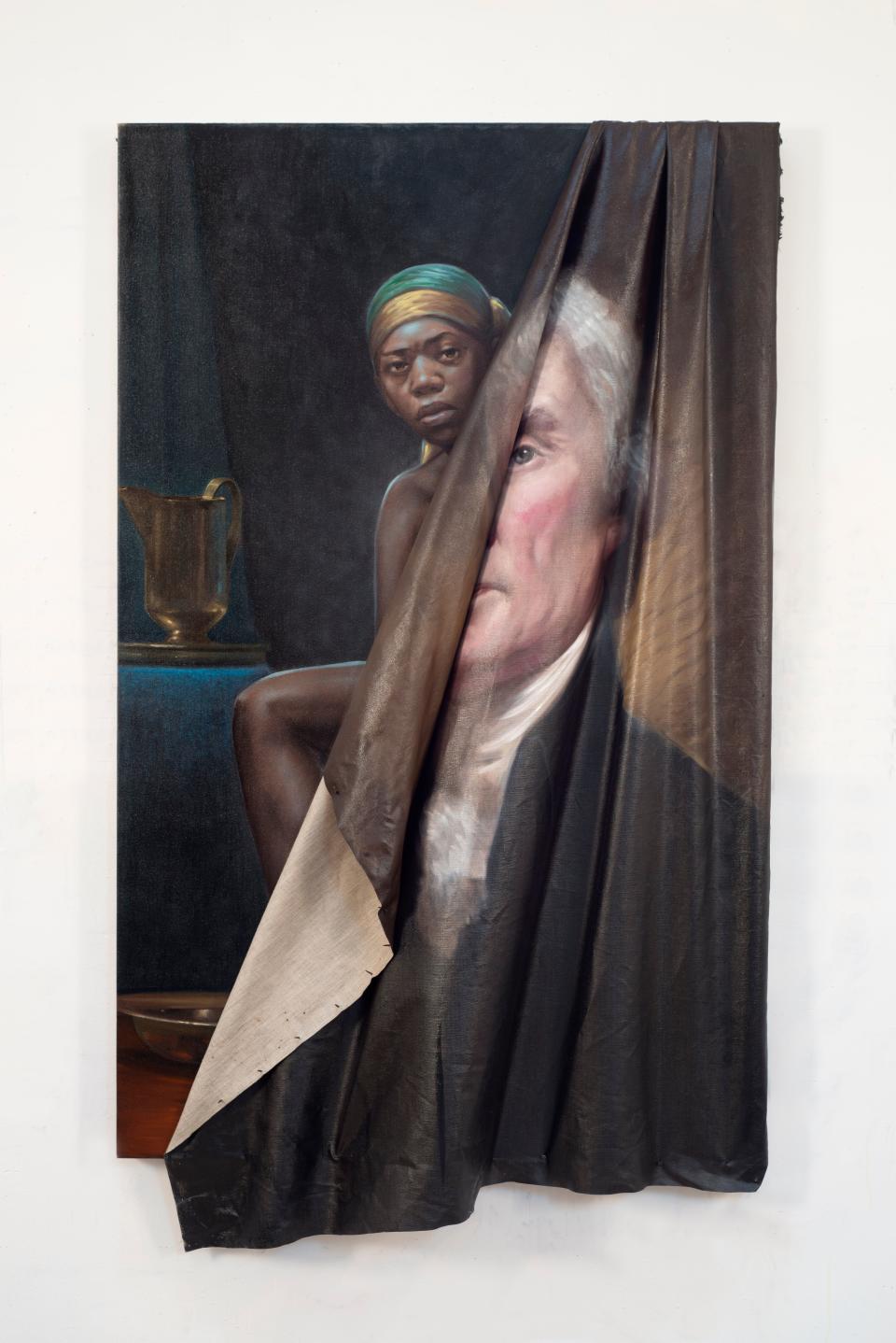 In Titus Kaphar's, Behind the Myth of Benevolence, an iconic portrait of Thomas Jefferson is being peeled away from the canvas to reveal a portrait of an enslaved black woman.