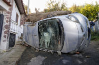 A dog who got trapped in his owners' car for some 72 hours peeks through the windscreen while rescuers search for possible survivors of the family in Casamicciola, on the southern Italian island of Ischia, Monday, Nov. 28, 2022. (AP Photo/Salvatore Laporta)