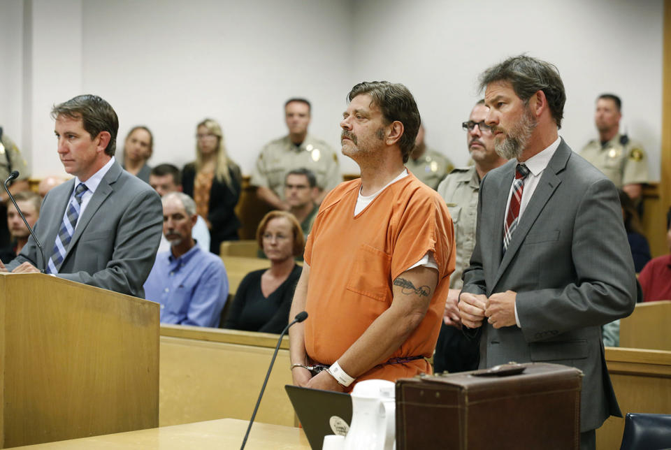 FILE - In this Aug. 15, 2017 file photo, Mark Redwine makes his first appearance in district court in Durango, Colo. Opening statements are expected sometime Monday, June 21, 2021, in the delayed trial of a man accused of killing his 13-year-old son in southwest Colorado nearly a decade ago. Dylan Redwine disappeared during a court ordered Thanksgiving visit in 2012 and his remains were later found. (Jerry McBride/The Durango Herald via AP, File)