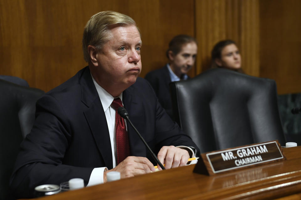 Chairman Sen. Lindsey Graham, R-S.C., is shown during testimony by Attorney General William Barr at a Senate Judiciary Committee hearing on Capitol Hill in Washington, Wednesday, May 1, 2019, on the Mueller Report. (AP Photo/Susan Walsh)