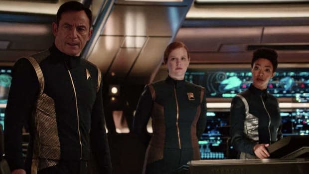 Jason Isaacs as Captain Gabriel Lorca, Sara Mitich as Airiam and Sonequa Martin-Green as Michael Burnham in "Star Trek: Discovery" Season 1<p>Paramount+</p>