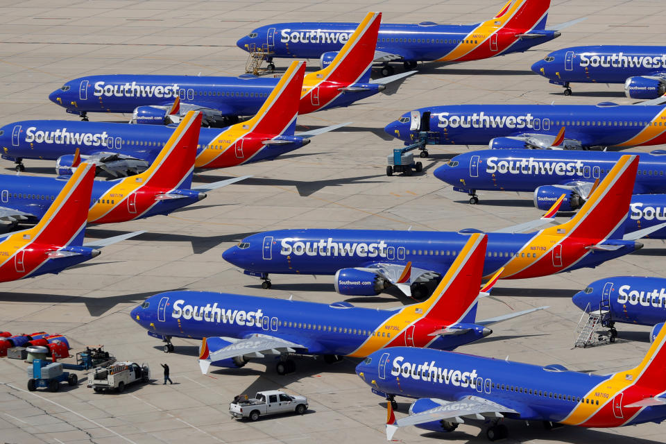 A number of grounded Southwest Airlines Boeing 737 MAX 8 aircraft are shown parked at Victorville Airport in Victorville, California, U.S., March 26, 2019.  REUTERS/Mike Blake  TPX IMAGES OF THE DAY