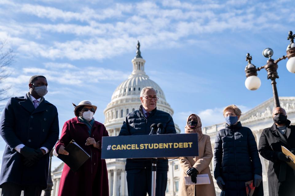 Senate Majority Leader Chuck Schumer, D-N.Y., speaks during a press conference about student debt outside the U.S. Capitol on Feb. 4, 2021 in Washington, D.C. Also pictured, L-R, Rep. Mondaire Jones, D-N.Y., Rep. Alma Adams, D-N.C., Rep. Ilhan Omar, D-Minn., Sen. Elizabeth Warren, D-Mass., and Rep. Ayanna Pressley, D-Mass. The group of Democrats re-introduced their resolution calling on President Joe Biden to take executive action to cancel up to $50,000 in debt for federal student loan borrowers.