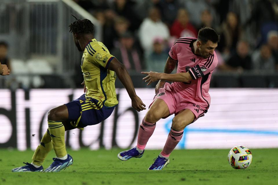 Lionel Messi attempts to control the ball against Real Salt Lake.