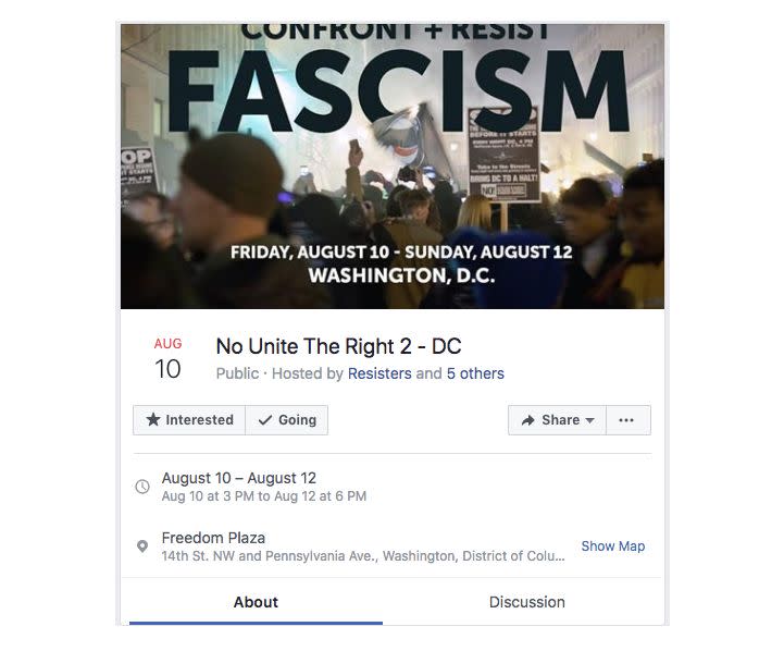 A protest in Washington, D.C., scheduled to Aug. 10-12 was organized by the "Resisters" Facebook page, which Facebook says was involved in "coordinated inauthentic activity." (Photo: Facebook)