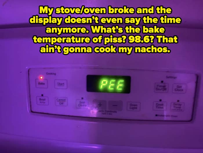 Close-up of a stove display screen showing the text "PEE" with buttons for various cooking settings visible