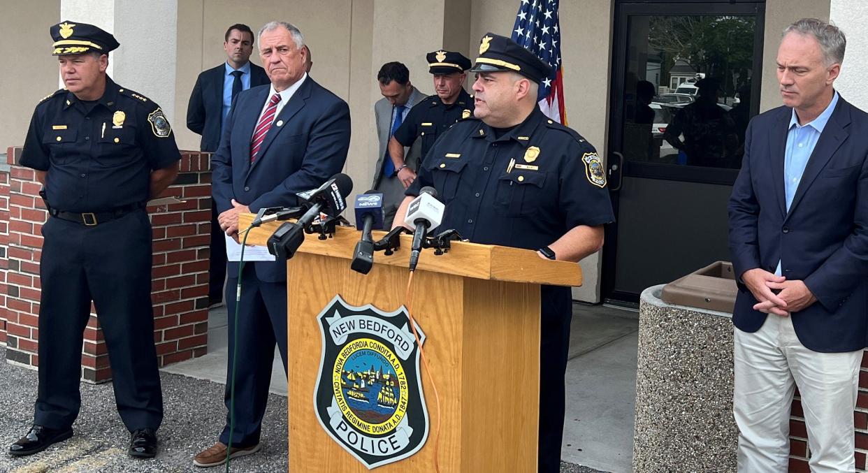 An arrest has been made in connection to the shooting incident with a New Bedford police detective. In this file photo from Tuesday, July 18, officials discuss the ongoing investigation into Detective Lavar Gilbert's shooting with the media Tuesday. Front row, from left, Chief Paul Oliveira, Bristol County District Attorney Tom Quinn, Lt. Scott Carola, and Mayor Jon Mitchell.
(Credit: Frank Mulligan/Standard-Time