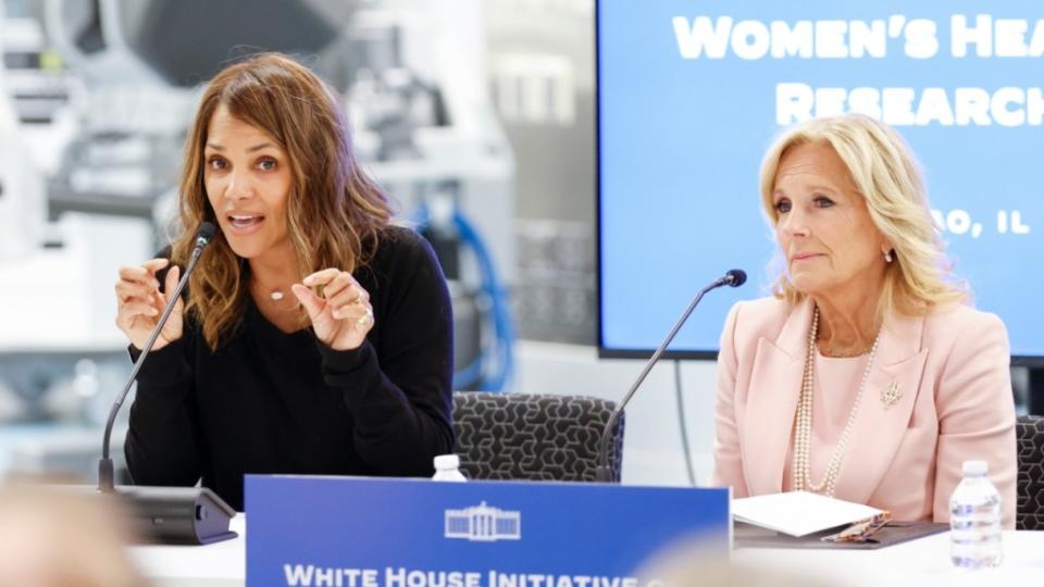 Actress Halle Berry (left) and first lady Jill Biden discussed menopause at a Los Angeles event Monday. Above, the two attended a January forum in Chicago on women’s health research. (Photo: Kamil Krzaczynski/Getty Images)