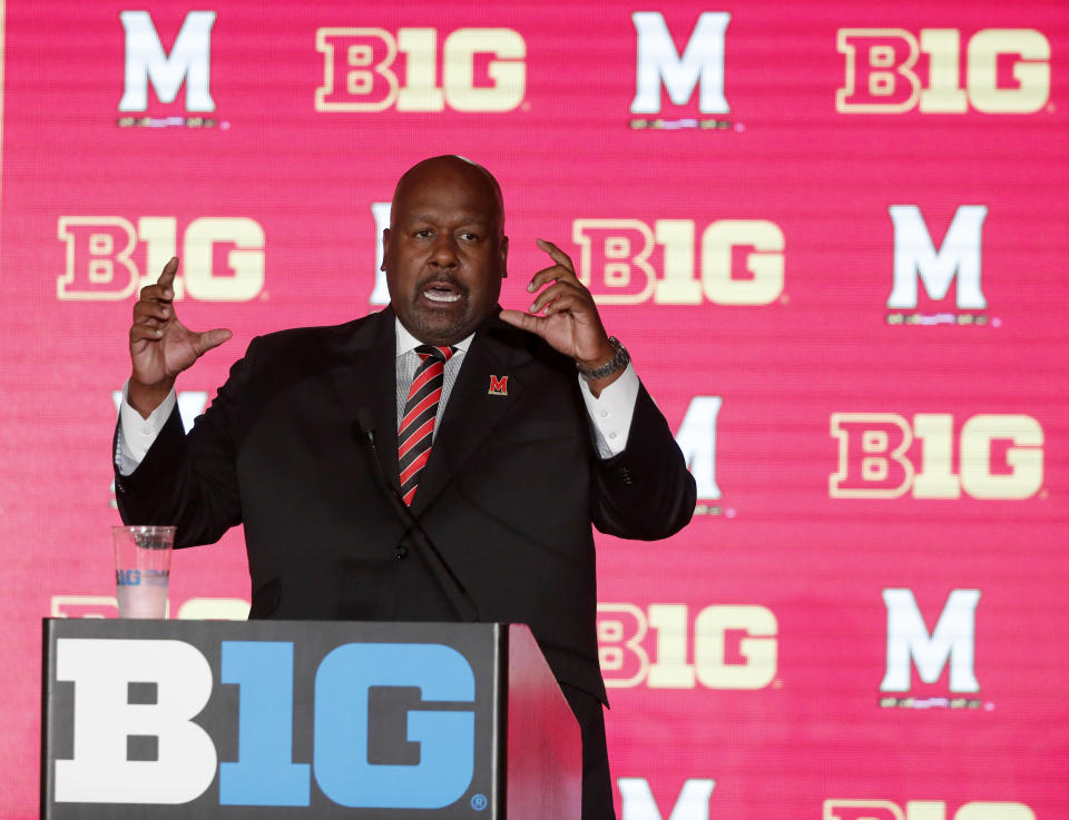 FILE p- In this July 18, 2019, file photo, Maryland head coach Mark Locksley responds to a question during the Big Ten Conference NCAA college football media days in Chicago. Big Ten is going to give fall football a shot after all. Less than five weeks after pushing football and other fall sports to spring in the name of player safety during the pandemic, the conference changed course Wednesday, Sept. 16, 2020, and said it plans to begin its season the weekend of Oct. 23-24.(AP Photo/Charles Rex Arbogast, File)