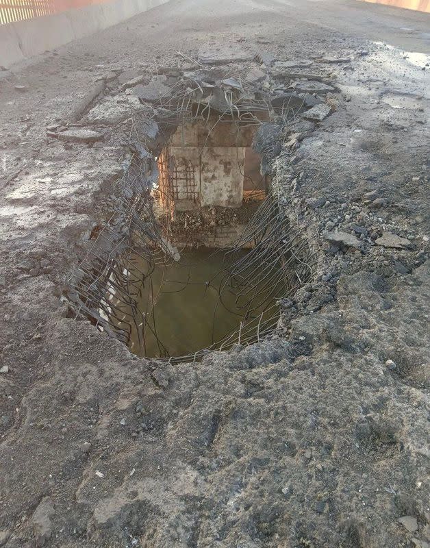 A view shows the damaged Chonhar bridge connecting Russian-held parts of Ukraine's Kherson region to the Crimean peninsula