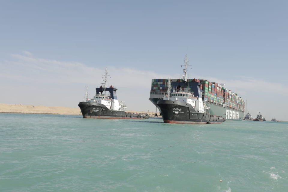 Ship Ever Given, one of the world's largest container ships, is seen after it was fully floated in Suez Canal, Egypt.