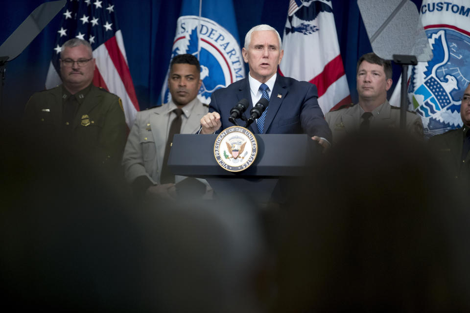 File-This March 13, 2019, file photo shows Vice President Mike Pence speaking to Customs and Border Patrol agents and agents-in-training at the U.S. Customs and Border Protection Advanced Training Facility in Harpers Ferry, W.Va. Pence's visit Thursday, March 21, 2019, to Atlanta included a stop at the Immigration and Customs Enforcement's field office and a conversation about the "broader mission of border security." He also blasted Mayor Keisha Lance Bottoms over her decision last year to bar the city jail from holding federal immigration detainees and thanked the men and women who work for ICE. (AP Photo/Andrew Harnik, File)