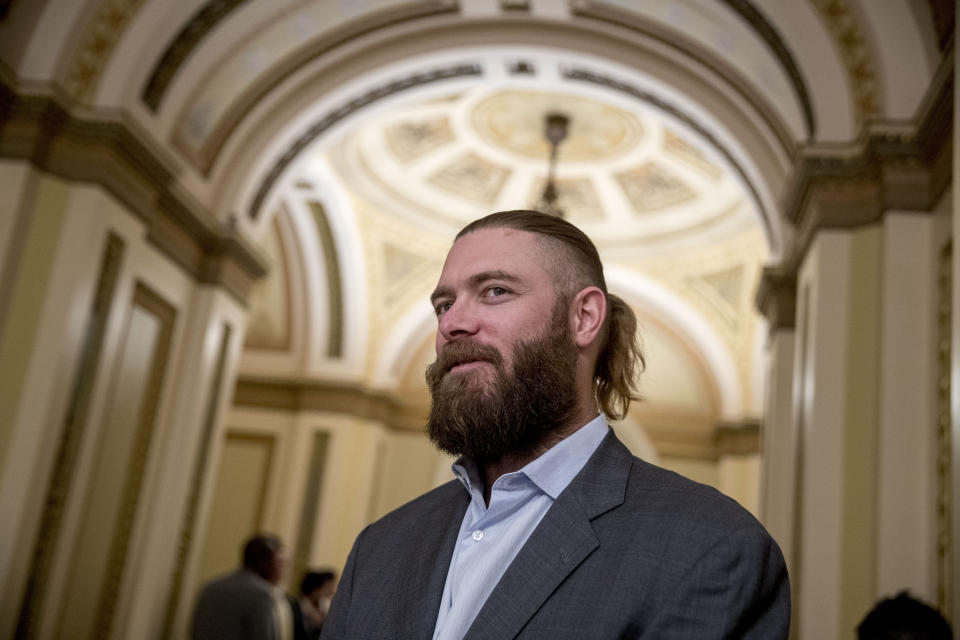 FILE - Former Washington Nationals baseball player Jayson Werth stands near the House floor on Capitol Hill in Washington, Wednesday, Jan. 16, 2019. Werth won the World Series with Philadelphia and played 63 playoff games during his major league career with the Toronto Blue Jays, Los Angeles Dodgers, Phillies and Nationals, and still nothing compares with the adrenaline rush of his new favorite sport, horse racing. Werth owns over two dozen thoroughbreds, including Dornoch, who will run in the Kentucky Derby on Saturday, May 4, 2024. (AP Photo/Andrew Harnik, File)